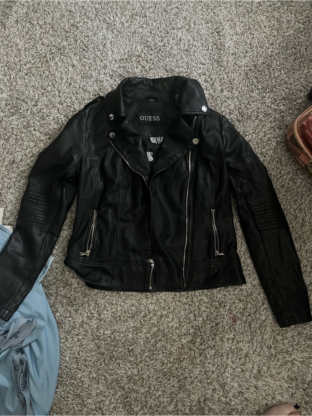 GUESS Black real Leather Moto Jacket with Zip Details